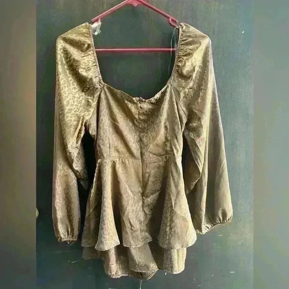 Womens Satin Brown Animal Long Sleeve Double Layer Romper - Picture 4 of 4